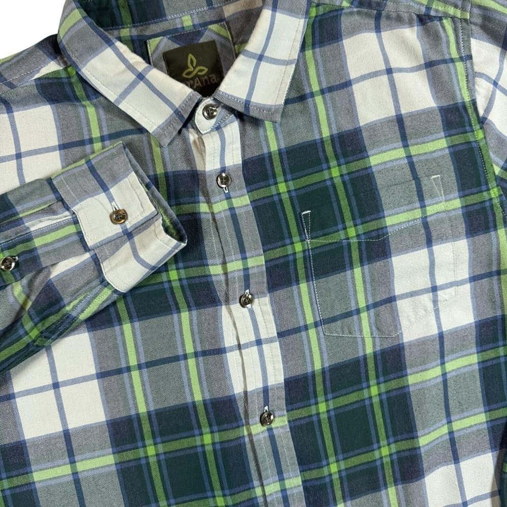 prAna Plaid Flannel Button Up Shirt Mens Large Green Blue Organic Cotton